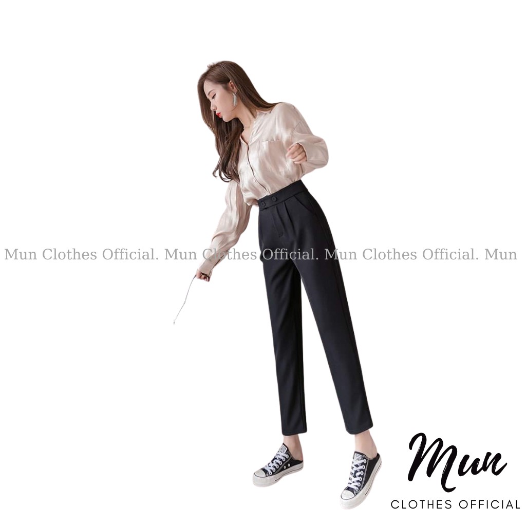 Quần baggy nữ công sở hai nút cạp cao - Quần dáng công sở đi học đi làm vải dày kiểu Hàn Quốc