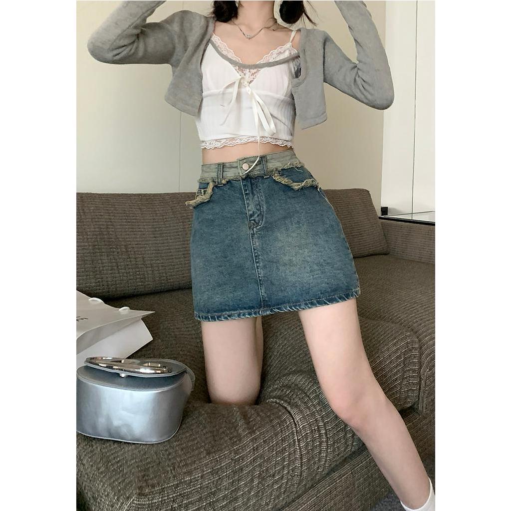 Lalisas Chân váy jean Ngắn Chữ A Lưng Cao Ghép Vải retro Thời Trang Cho Nữ