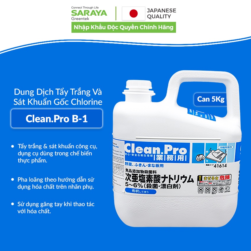 Dung Dịch Tẩy Trắng Và Sát Khuẩn Gốc Chlorine Saraya Smart San Clean.Pro B-1 - Can 5Kg