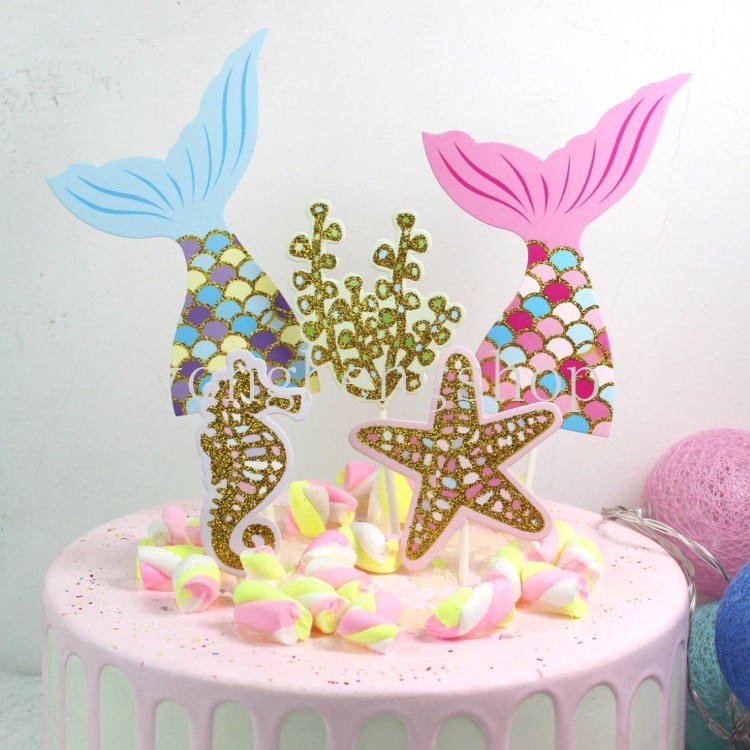 Set 5 phụ kiện trang trí bánh sinh nhật hình đuôi nàng tiên cá xinh xắn