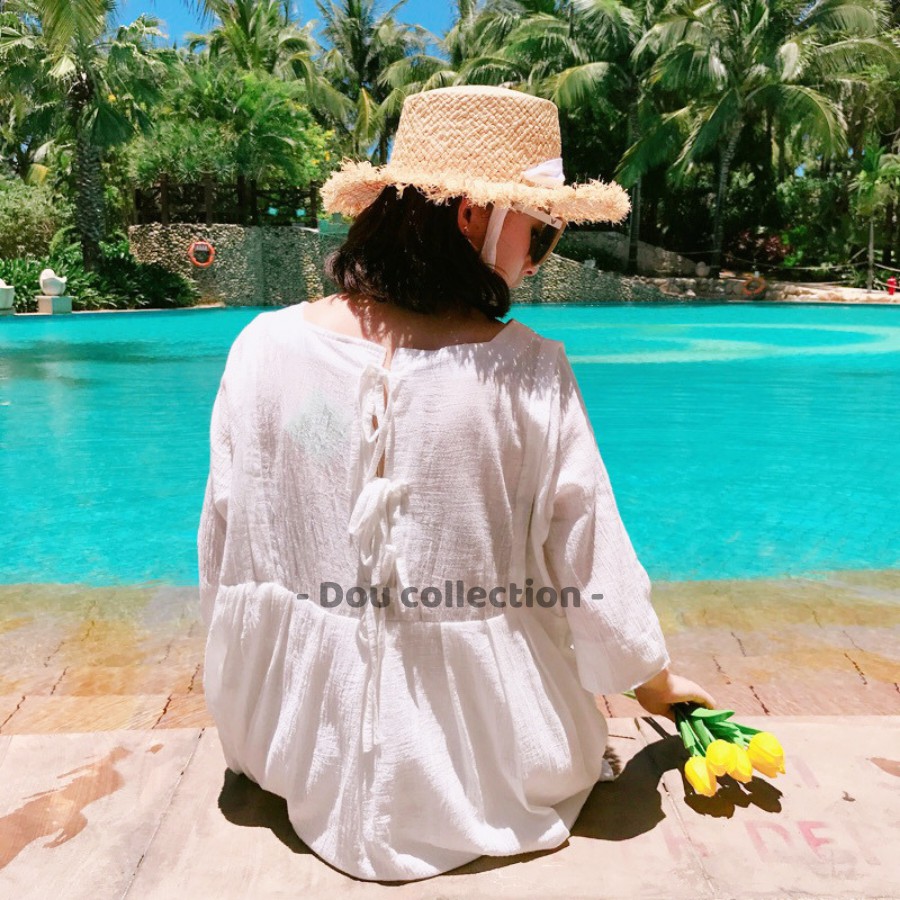 [NowShip2h] Nón Cói (Mũ Cói) Raffia Sợi Tự Nhiên Vành Tua Rua Phối Dây Nơ Đi Biển - Mã NC008