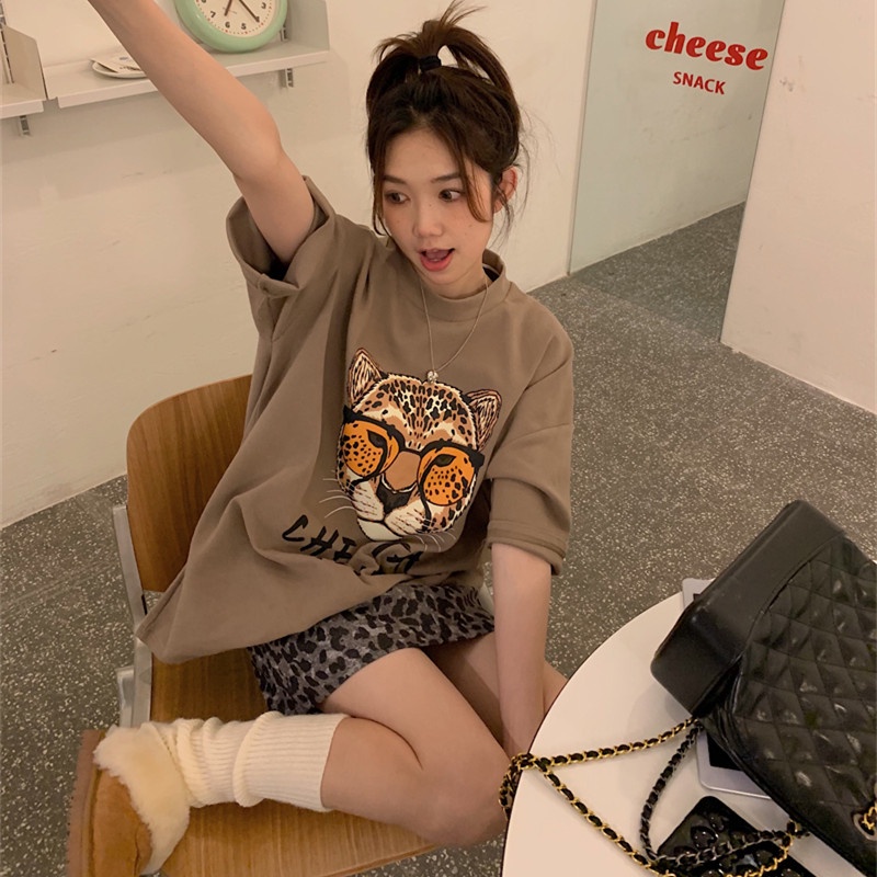 Áo Thun Tay Ngắn Dáng Rộng In Hoạt Hình Đầu Hổ Dễ Thương Cho Nữ