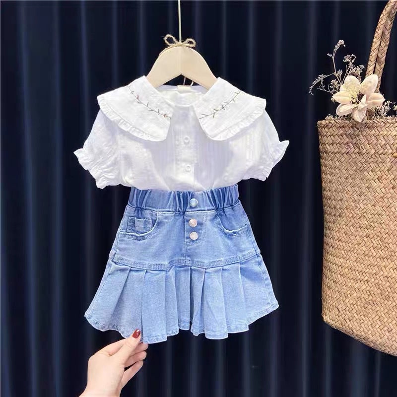 Bộ Áo Sơ Mi Trắng Tay Lửng + Chân Váy Denim Xếp Ly Kiểu Hàn Quốc Thời Trang Mùa Hè Cho Bé Gái