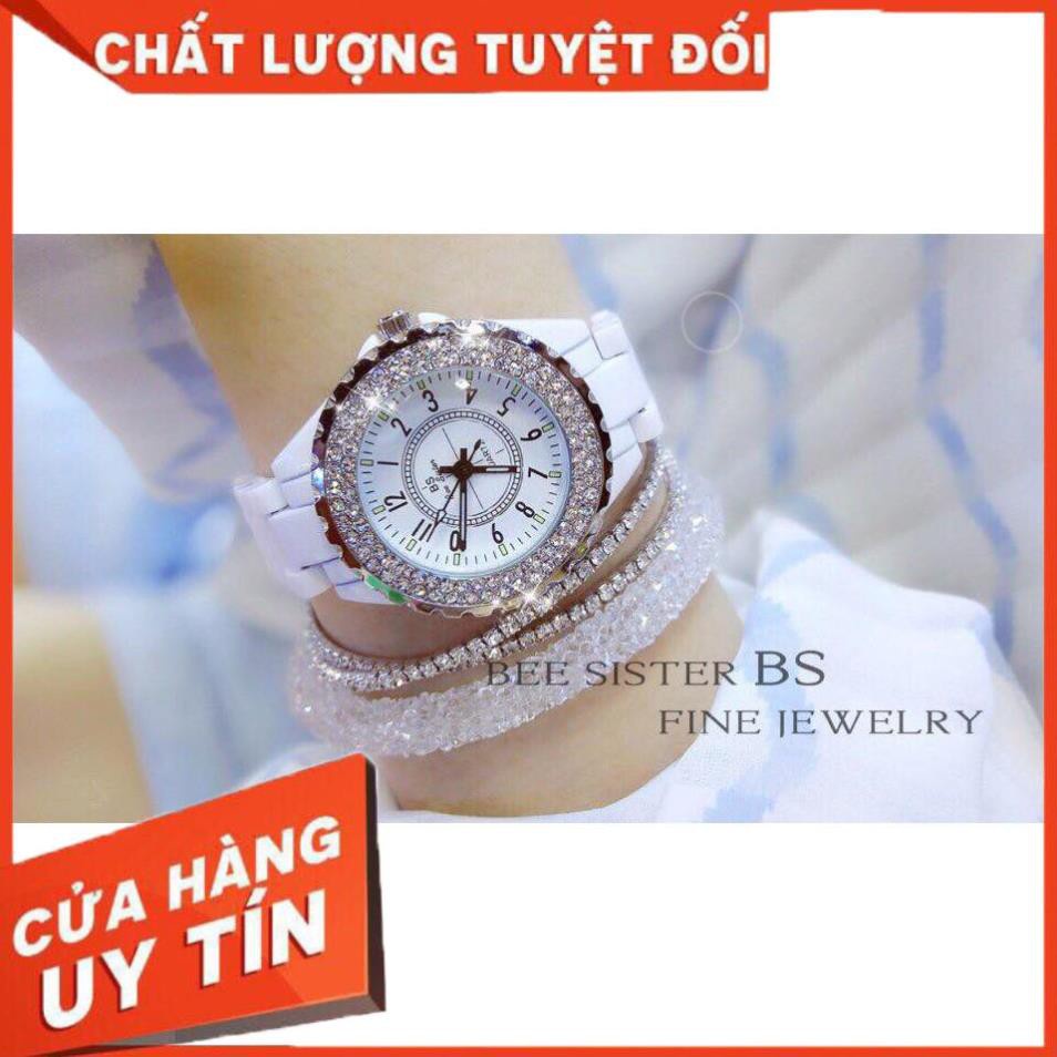 Đồng Hồ Nữ Beesister BS-Dây Sứ-Viền Đính Đá-Xoay Độc Đáo-Sang Trọng-Qúy Phái