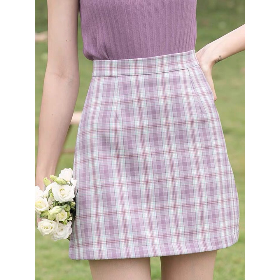 CÓ SẴN Set áo sơ mi cũng chân váy tím kẻ caro màu pastel