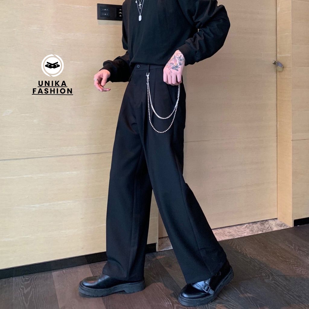 Quần tây ống rộng nam nữ UNIKA, quần âu ống suông vải hàn cao cấp kèm dây xích phong cách Unisex Hàn Quốc QSX001