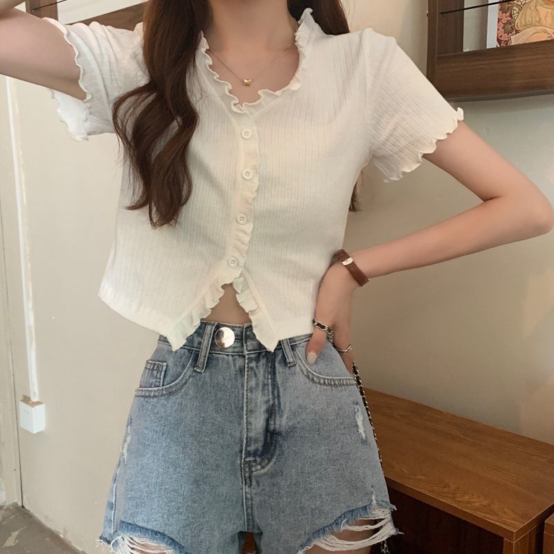 áo croptop ngắn tay áo sơ mi cổ chữ v thời trang dành cho nữ