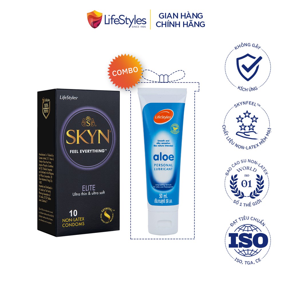 Combo bao cao su Skyn Elite Non-latex 10 bao + Gel bôi trơn LifeStyles Aloe Lubricant 50ml