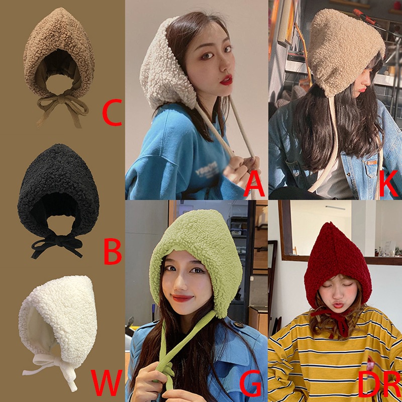 Mũ beanie lông cừu màu trơn chống gió có tai giữ ấm mùa đông cho nữ