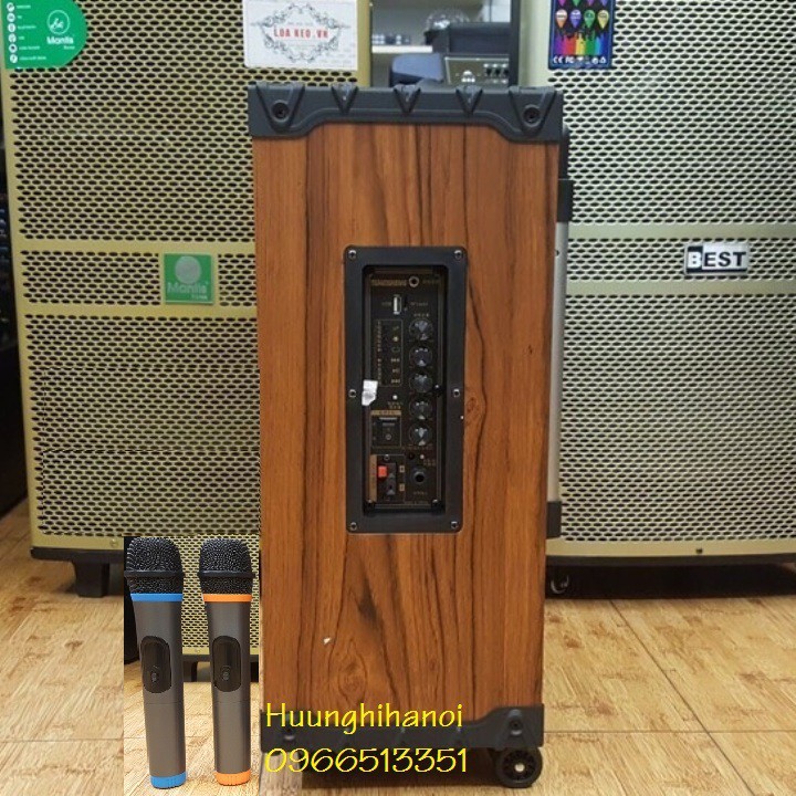 Loa kéo karaoke di động vỏ gỗ A10-42 đẹp, tặng kèm 2 micro không dây hát cực hay