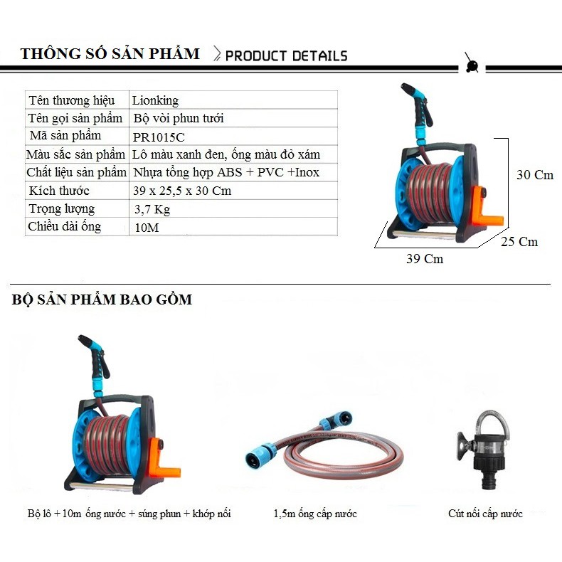 Bộ Vòi Phun Tưới 25 Mét Rulo cuốn Tay  PR2515A Ống nước kết cấu 3 Lớp