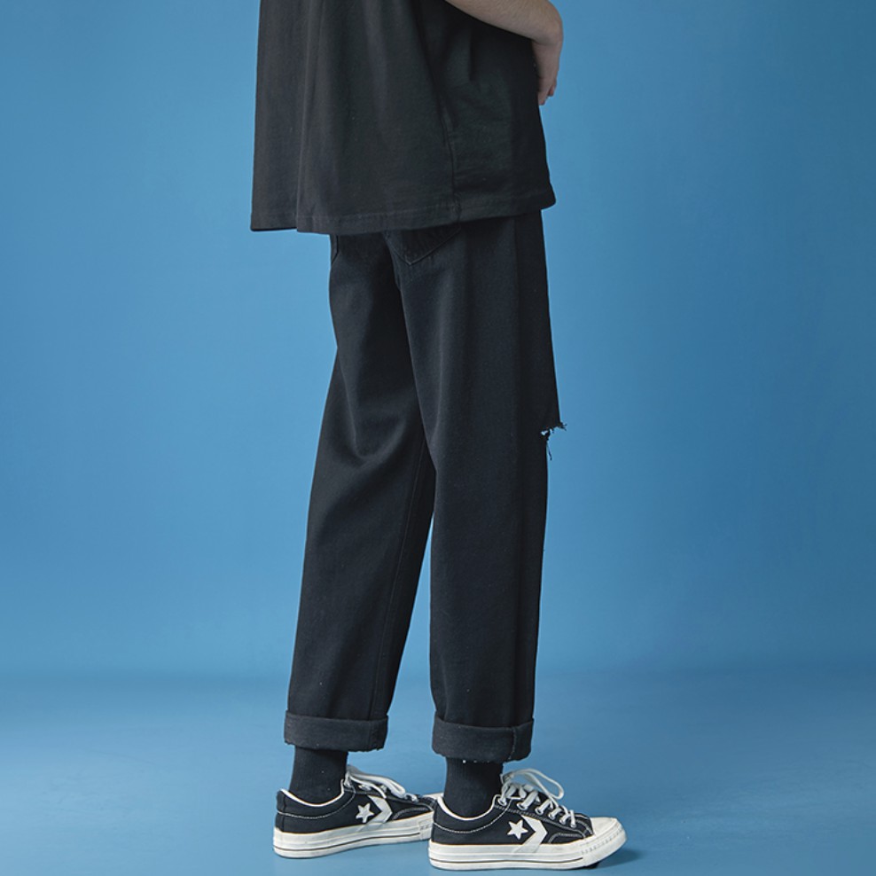 [Tiền Nào Của Đấy]Quần Jean Baggy Nam Rách Gối Ống Rộng Đen Trơn Không Phai Màu Vải Co Giãn-B06 | BigBuy360 - bigbuy360.vn