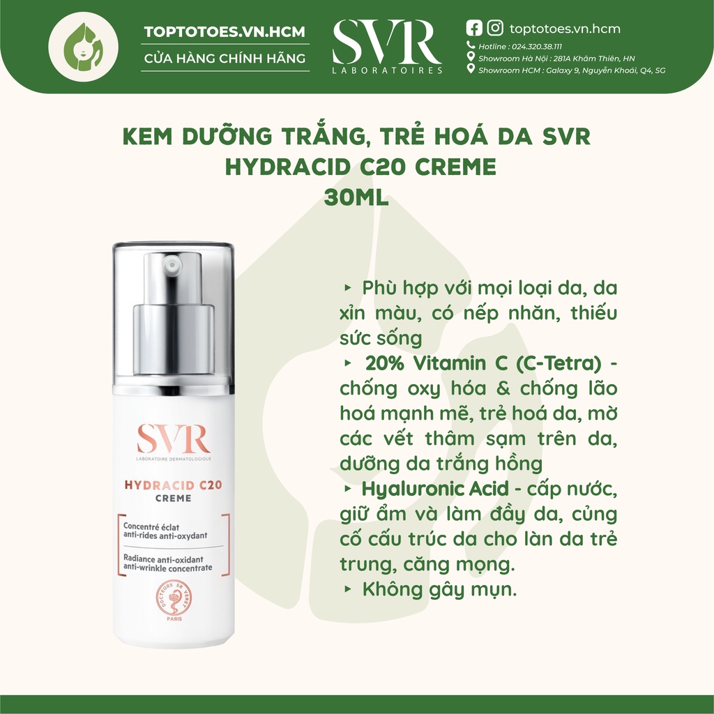 Kem dưỡng trắng, trẻ hoá da SVR Hydracid C20 Creme 30ml [Nhập Khẩu Chính Hãng 100%]