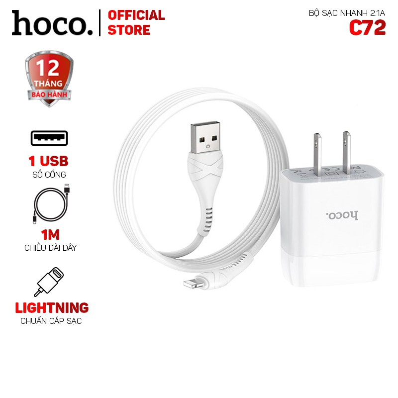 [Mã 2404EL10K giảm 10K đơn 20K] Bộ sạc nhanh Hoco C72 1 cổng USB cáp Lightning 1.0m