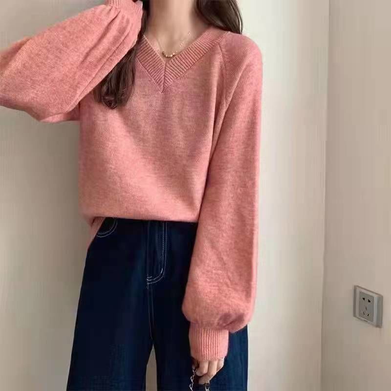 Áo Sweater Dài Tay Phong Cách Lười 197802 Áo Len Form Rộng Cổ Chữ v Theo Phong Cách Hàn Quốc