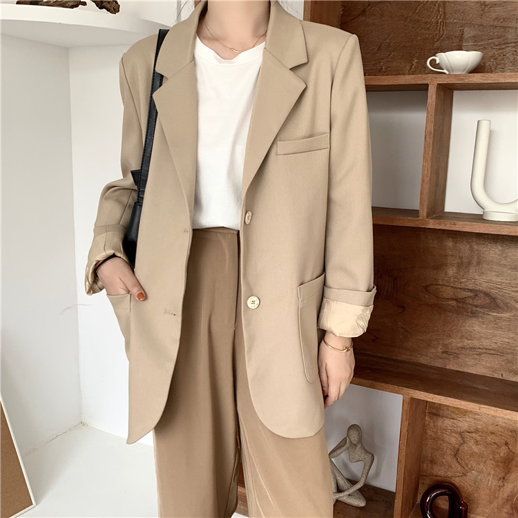 Áo khoác Blazer tay dài dáng rộng màu trơn phong cách Hàn Quốc thời trang nữ