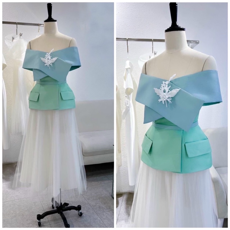 SÉT ÁO + CHÂN VÁY BẸT VAI PHỐI MÀU  ( áo, chân váy, hoa cài áo , dây nịt eo) full size S/M/L/XL