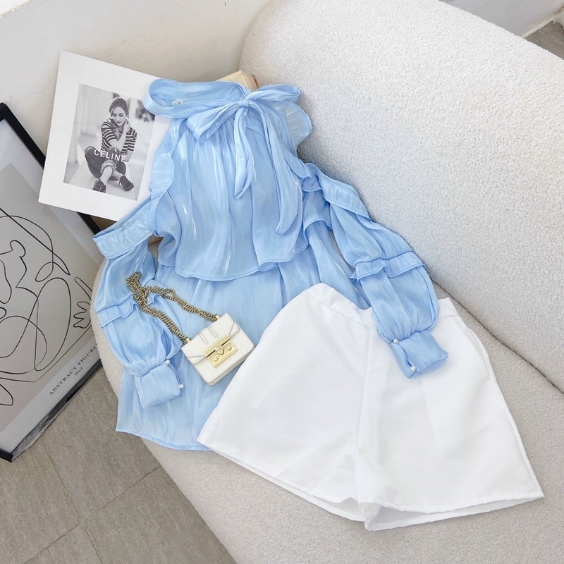 Sét Áo  Xanh Voan Tơ Cổ Yếm Nơ Rớt Tay Mix Short 🦋FREESHIP🦋