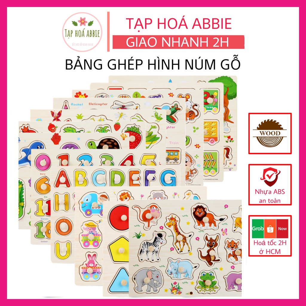 Ghép hình gỗ montessori , đồ chơi lắp ghép xếp hình gỗ cho bé bảng chữ cái có núm nhiều chủ đề