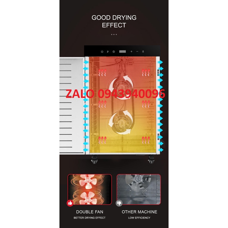 Máy sấy thực phẩm 16 khay sấy trái cây khô heo bò gà-inox 100%-lớp cách nhiệt dày dặn-bảo hành 1 năm