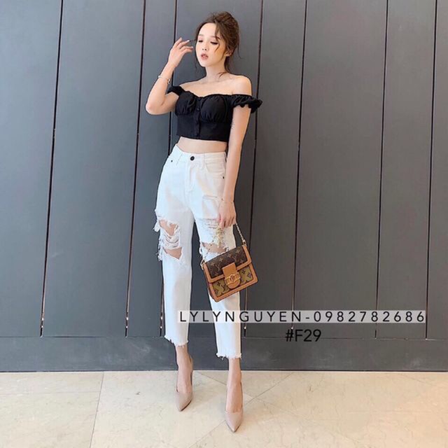 Quần baggy jeans trắng đen rách tua kèm ảnh thật