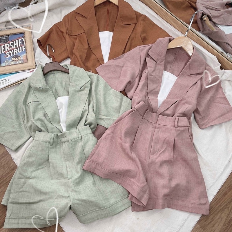 SET VEST 3 MÓN HỒNG - NÂU - XANH