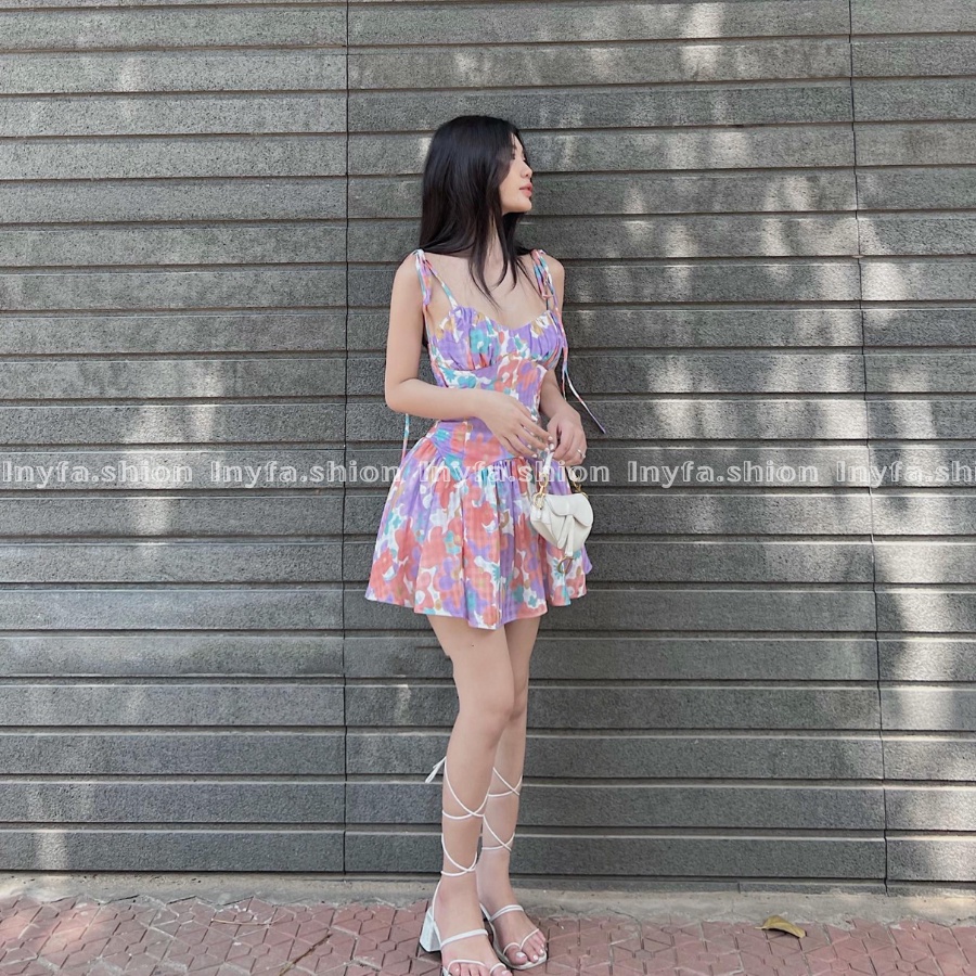 💙 Váy 2 dây xòe hoa nhí xếp li dáng ngắn nhà INY