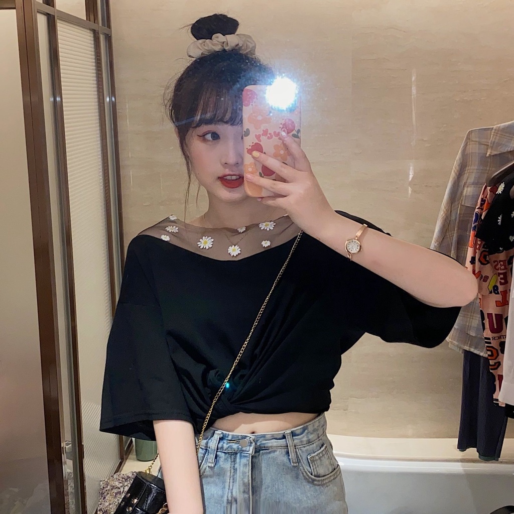 Áo Phông Nữ Summer New Daisy Yarn Splicing Loose Short Sleeve T-shirt Female Student Top