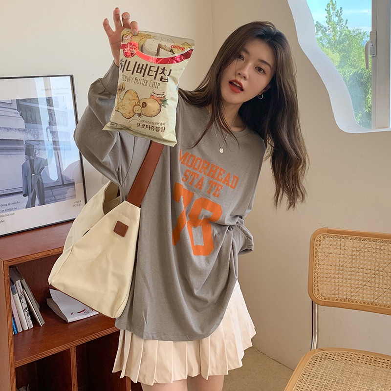 SUXI Áo Thun Tay Dài Cổ Tròn Dáng Rộng In Chữ Thời Trang Mùa Hè Xinh Xắn Cho Nữ