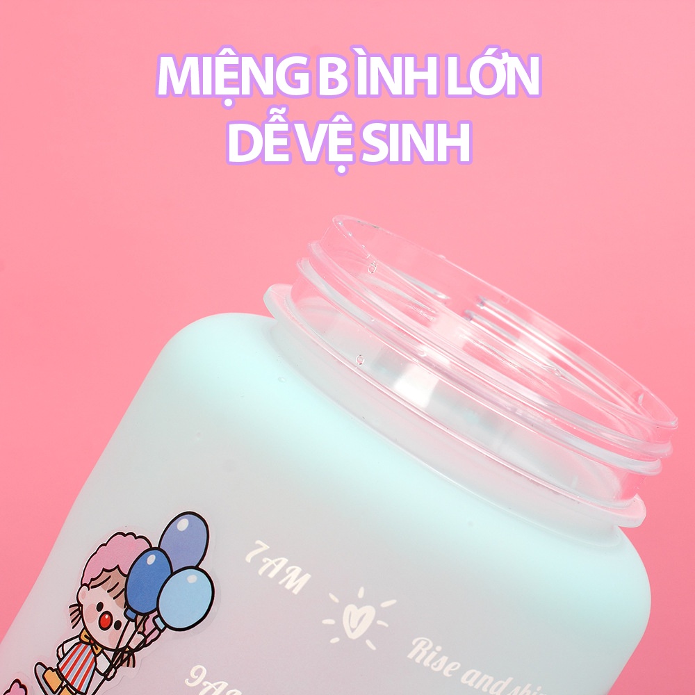 Bình nước nhựa cute 2 lít có ống hút, bình đựng nước dễ thương có vạch nhắc giờ uống nước HERIA HCM