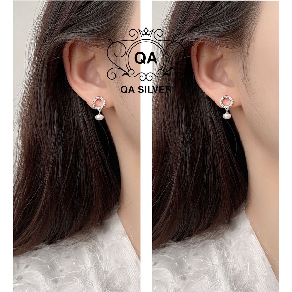 Khuyên tai bạc 925 nữ tròn bông ngọc trai nhân tạo chốt bi vặn S925 PEARL QA SILVER Earrings EA230905