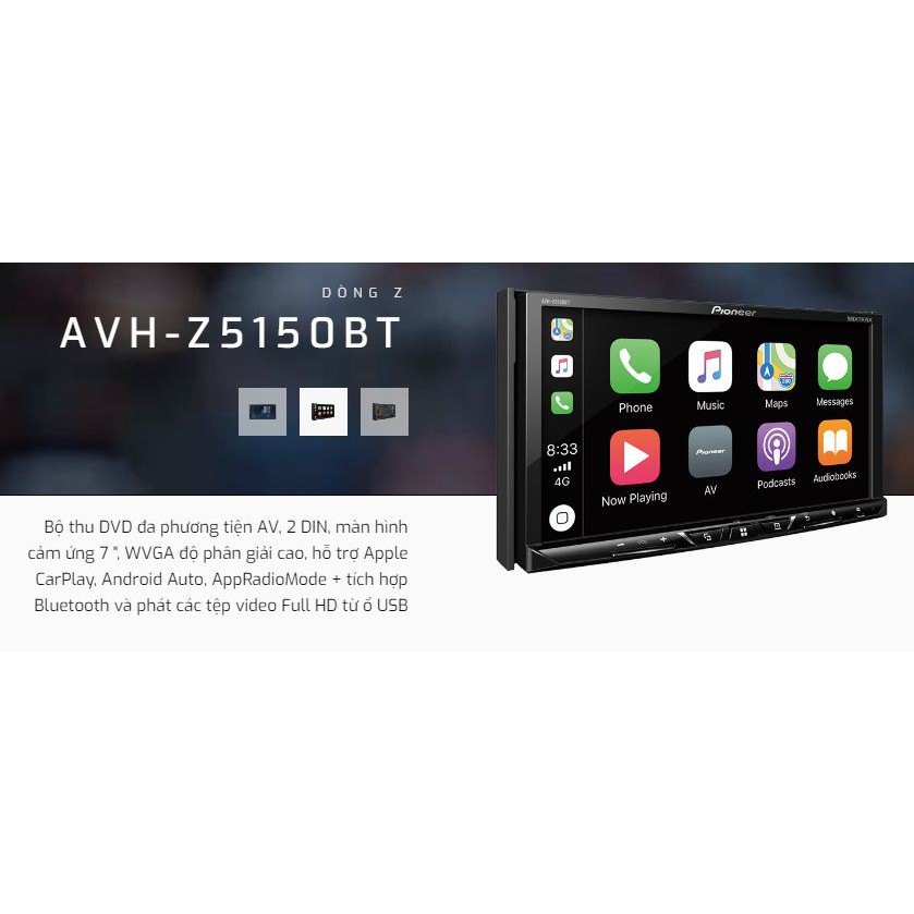 Pioneer AVH-Z5150BT Bộ thu DVD đa phương tiện AV, 2 DIN, màn hình cảm ứng 7 ", WVGA độ phân giải cao.