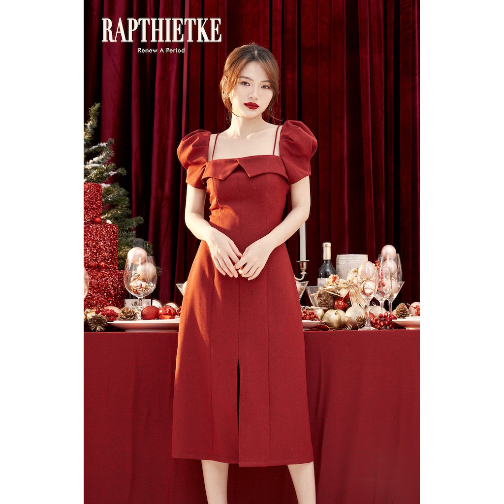 RẬP - Đầm Đỏ Hai Dây Cổ Vuông Thân Trước Xẻ - NOEL 07