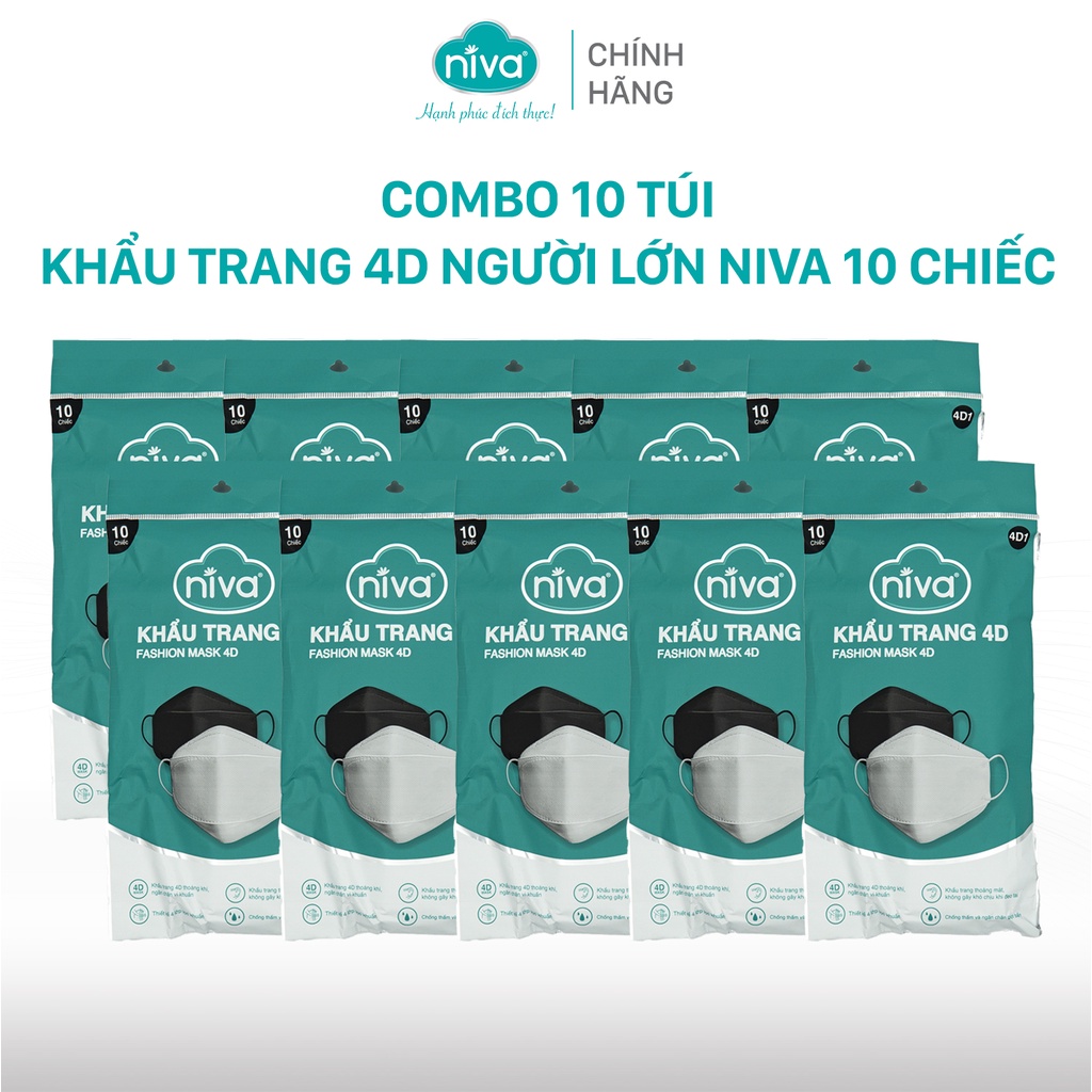 Combo 10 Khẩu Trang NIVA 4D Mask KF94 Dành Cho Người Lớn Túi 10 Chiếc Ngăn Bụi Mịn, Kháng Khuẩn, Không Kích Ứng Da