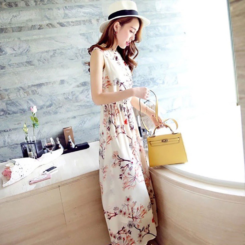 [Baywellfashion]Đầm sát nách cổ tròn hoạ tiết hoa phong cách Bohomian