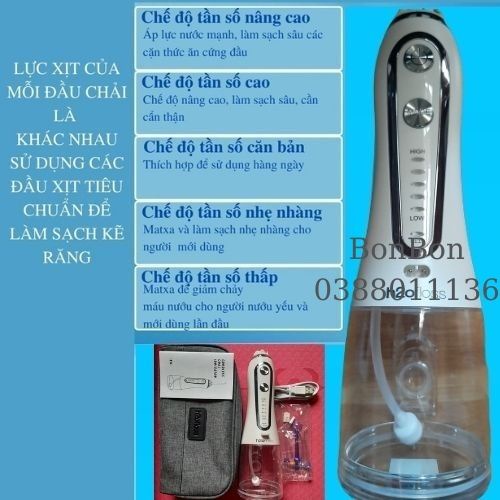 Máy tăm nước cầm tay vệ sinh răng miệng h2ofloss HF6P chất liệu cao cấp 5 chế độ Tặng túi vải đựng máy