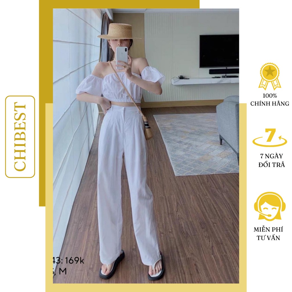 Set đồ nữ trắng áo croptop chun trễ vai phối quần dài xuông ống rộng xếp ly eo CHIBEST ASB43