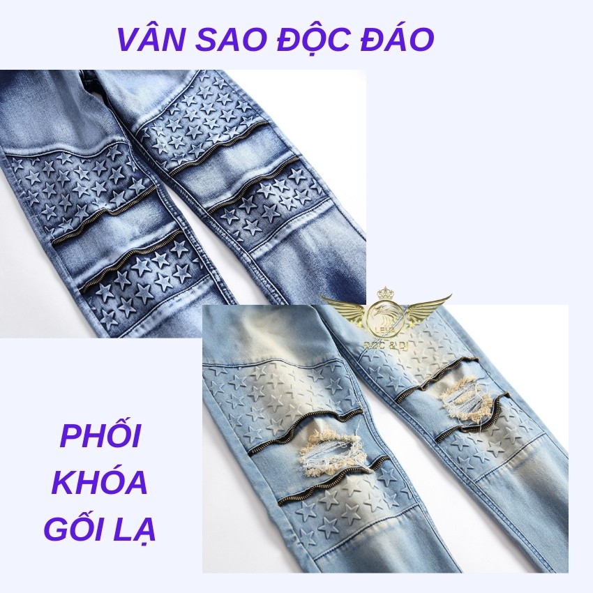 Quần jean nam rách vá gối đẹp độc lạ LEVAMEN chất liệu vải bò jeans co giãn 4 chiều rocker nhăn gối vân hình sao QJ016 | BigBuy360 - bigbuy360.vn