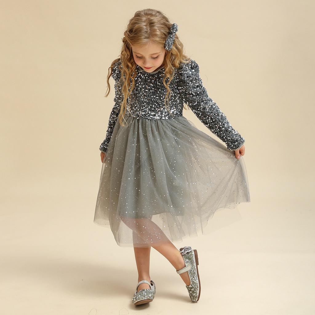 Đầm công chúa tay dài đính kim sa lấp lánh thời trang năm mới dành cho bé gái
