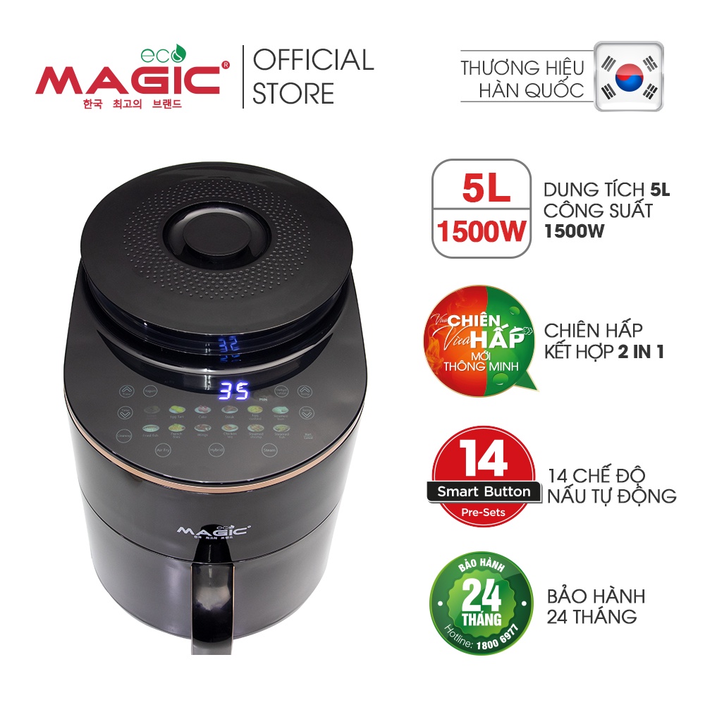 Nồi chiên không dầu kết hợp hấp siêu nhiệt Magic Eco S05 5L cho gia đình 4-6 người,5 chế độ tự động, bảo hành chính hãng