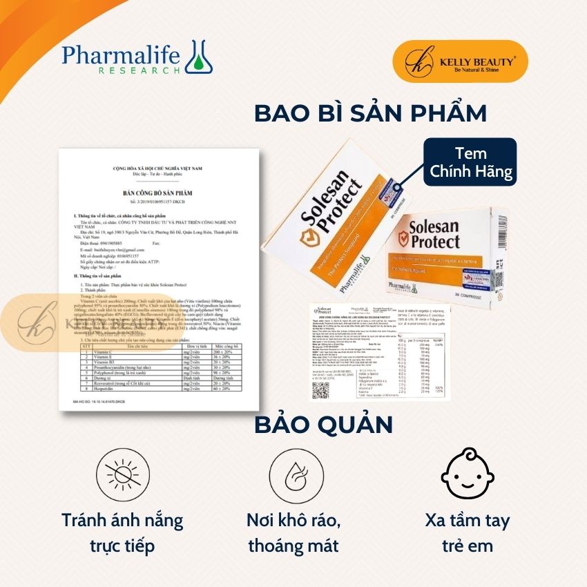 Viên Uống Chống Nắng Solesan Protect PHARMALIFE - Chống Nắng Nội Sinh, Làm Sáng Da, Hỗ Trợ Da Nám Sạm | KELLY BEAUTY