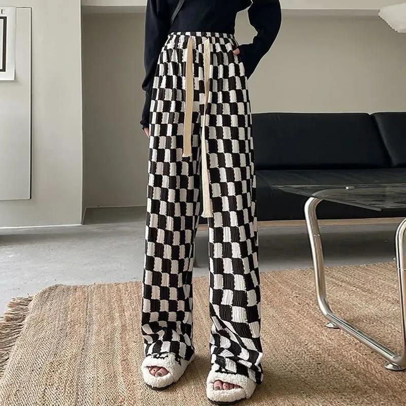 Quần ống rộng Lưng Cao Họa Tiết Sọc Caro Trắng Đen Thời Trang Xuân Thu Cho Nữ