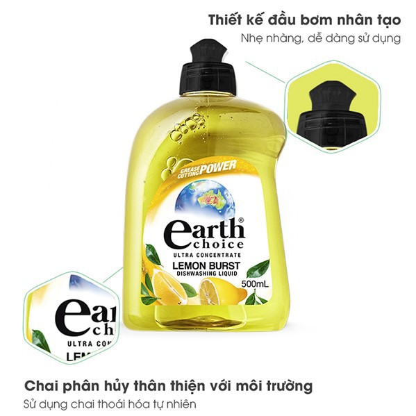 Nước rửa chén đậm đặc Earth Choice Úc gốc thực vật nhiều mùi 500ml, khử mùi tanh, an toàn da tay