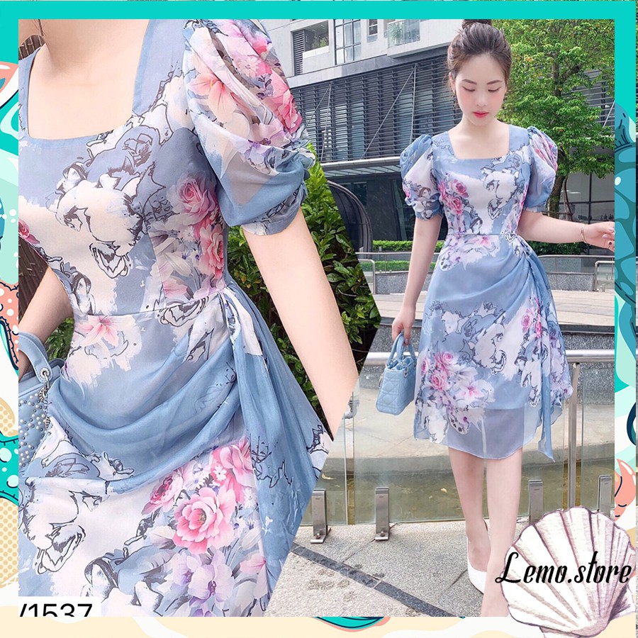 Váy lụa tơ rút eo, váy lụa tơ cổ vuông thanh lịch - V1537