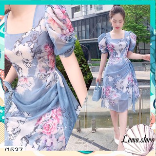 Váy lụa tơ rút eo, váy lụa tơ cổ vuông thanh lịch - V1537
