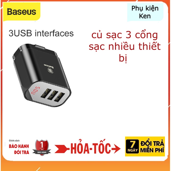 Cốc (Củ) sạc nhanh đa năng 3 cổng Baseus Mirror LaAe CCALL-AH01/02 chân dẹp (3 cổng sạc, màn hình LED, 3.4A)