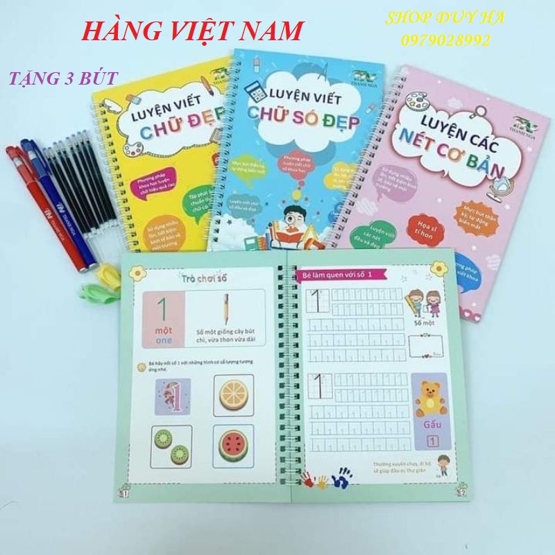 Sét 3 quyển vở tập tô luyện viết chữ số đẹp tự xóa thông minh kèm bút hàng Việt Nam