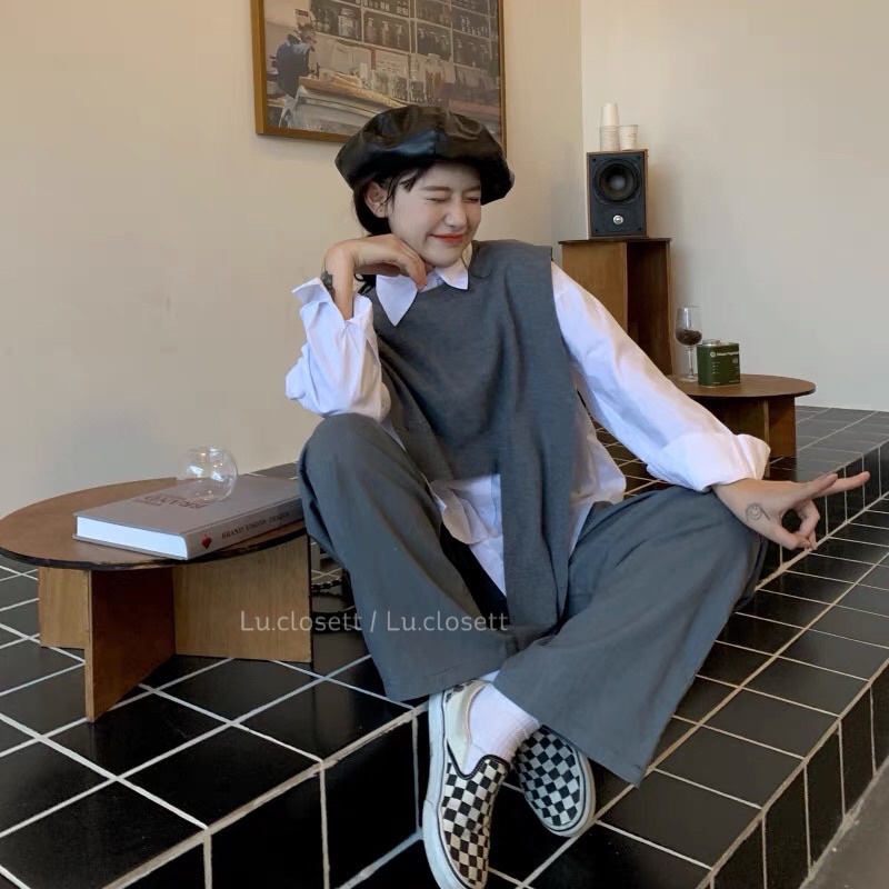 Áo gile len ulzzang cá tính vạt lệch Hàn Quốc thu đông luclosett