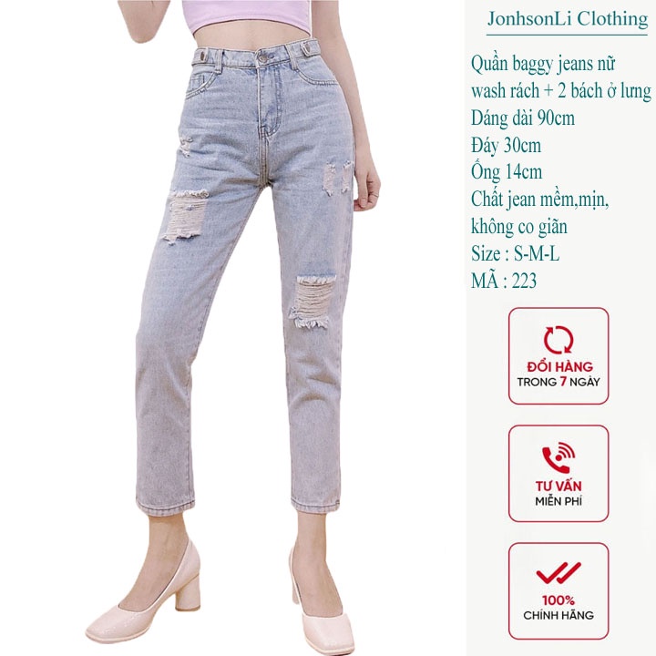 Quần baggy jean nữ lưng cao,màu xanh bạc cắt gối, JL223 JL JohnsonLi