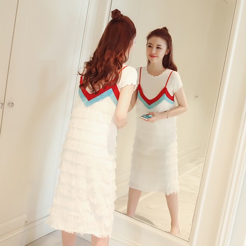 Đầm Tay Ngắn Cổ Chữ V Phối Màu Thời Trang Mùa Hè 2018 Phong Cách Hàn Quốc Cho Nữ 24 Tuổi